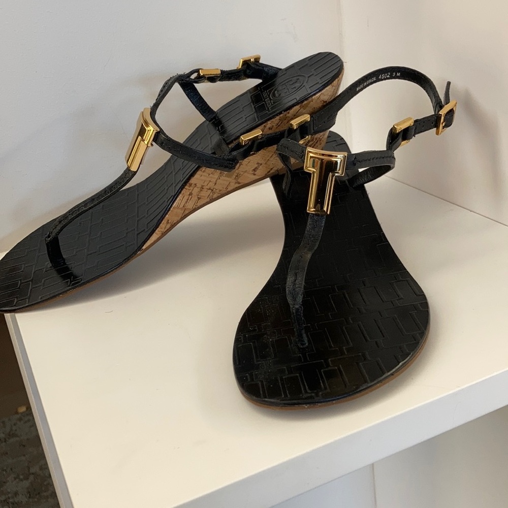 Tory Burch Pauline Wedge Sandals Black Leather 9M